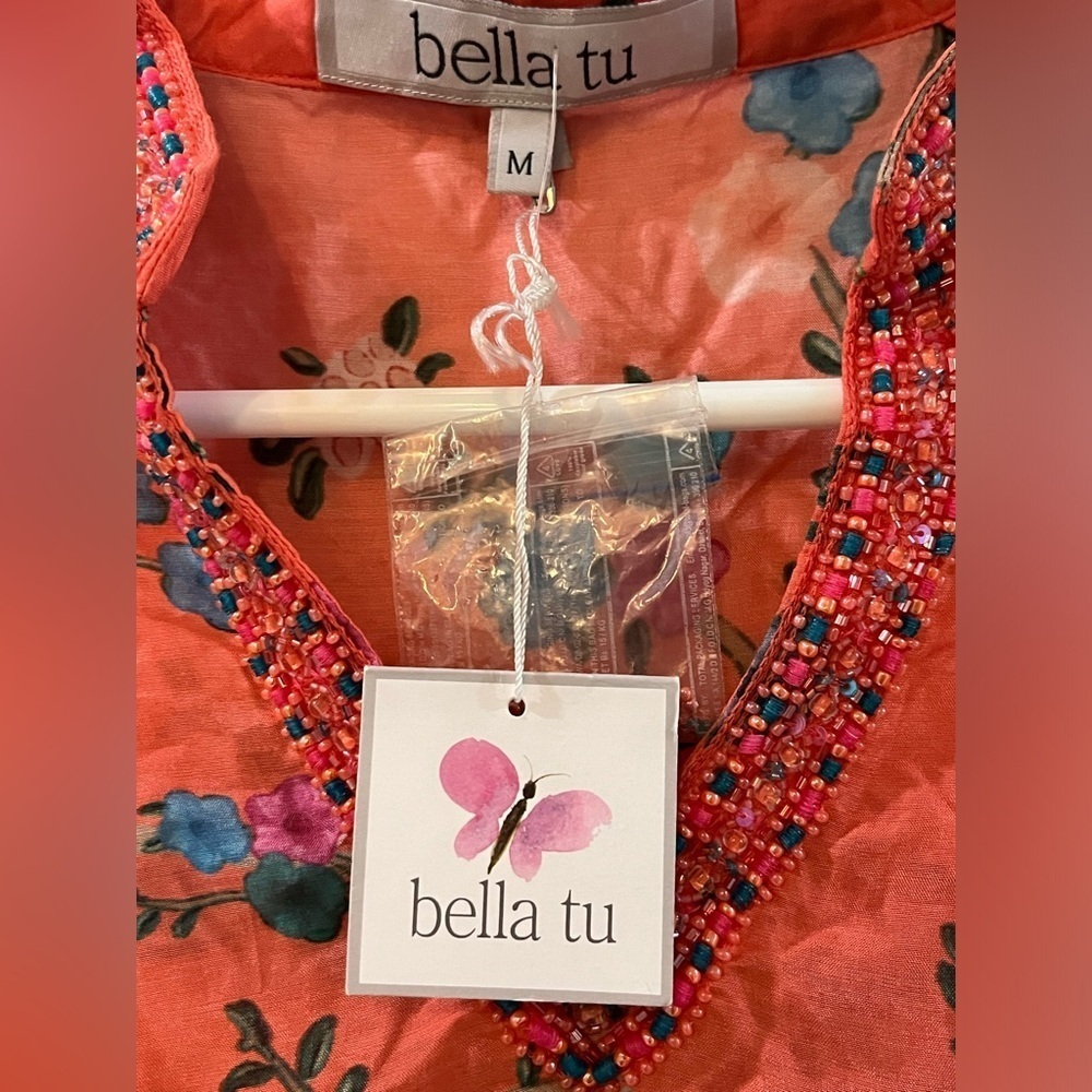 Bella Tu Avery Beaded Floral Pheasant Bird Blouse, size medium, New! - Picture 3 of 6